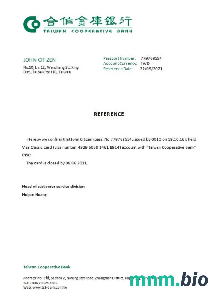 Tajwan Tajwan Bank Spółdzielczy zamknięcie przykład odniesienia w formatach Word i PDF